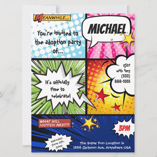 Superheld-Comic-Buch-Adoptions-Party Einladung (Vorderseite)
