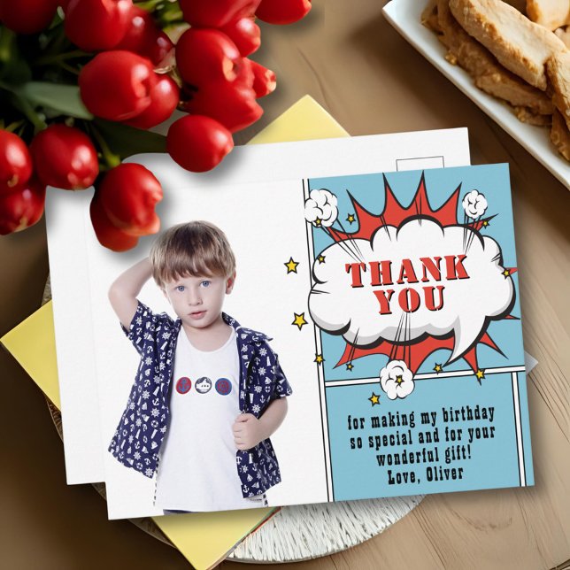 Superheld Comic-Sprechblase Foto Geburtstag Danke Postkarte (Von Creator hochgeladen)