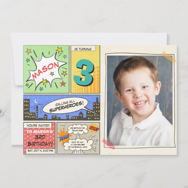 Superheld Geburtstagseinladung Cartoon Vintag Jung Einladung (Vorderseite)
