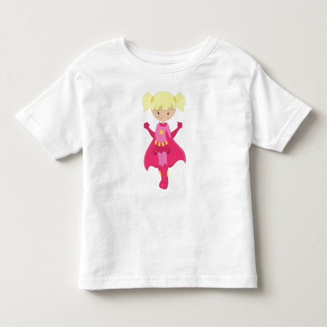 Superheld Girl, Blonde Hair, rosa Cape, Niedliches Kleinkind T-shirt (Vorderseite)