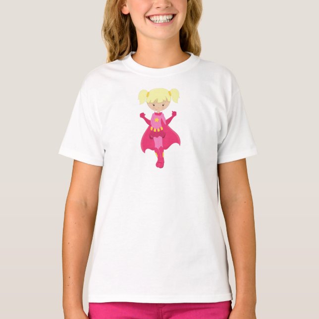 Superheld Girl, Blonde Hair, rosa Cape, Niedliches T-Shirt (Vorderseite)