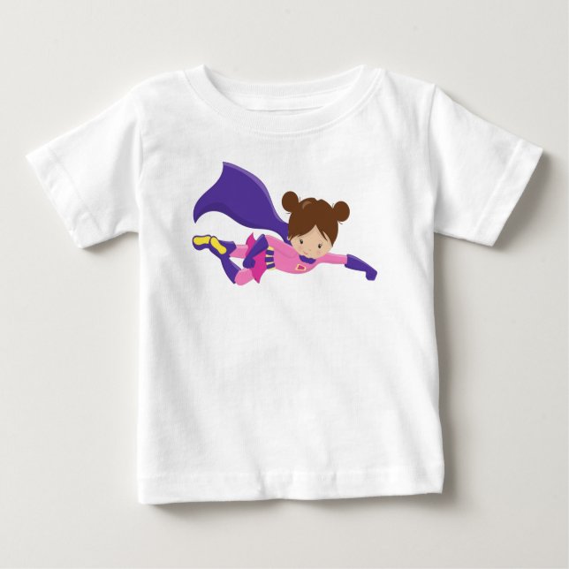 Superheld Girl, Braunhaar, Lila Kap, Niedliches Mä Baby T-shirt (Vorderseite)