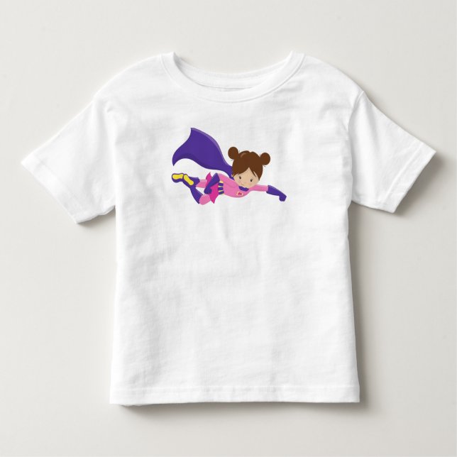 Superheld Girl, Braunhaar, Lila Kap, Niedliches Mä Kleinkind T-shirt (Vorderseite)