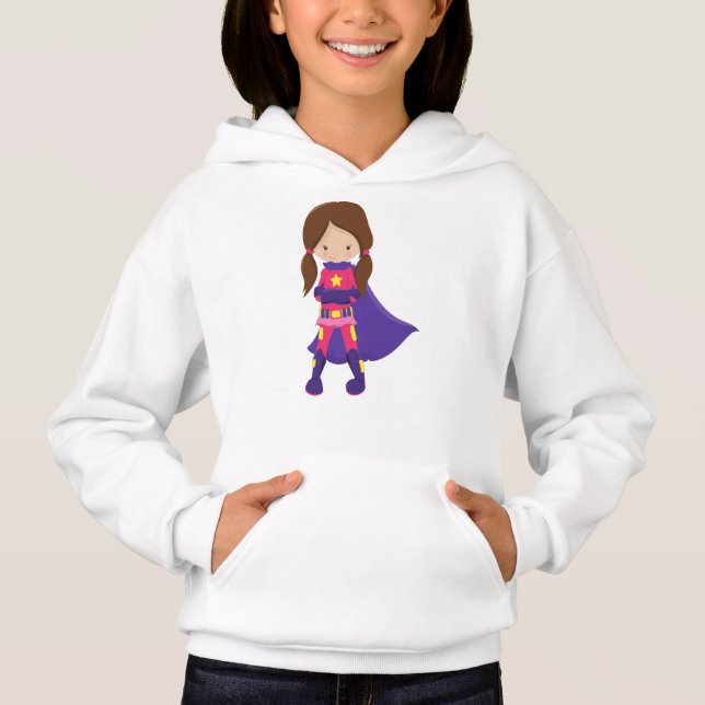 Superheld Girl, Braunhaar, Niedliches Mädchen, Lil Hoodie (Vorderseite)