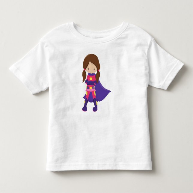 Superheld Girl, Braunhaar, Niedliches Mädchen, Lil Kleinkind T-shirt (Vorderseite)