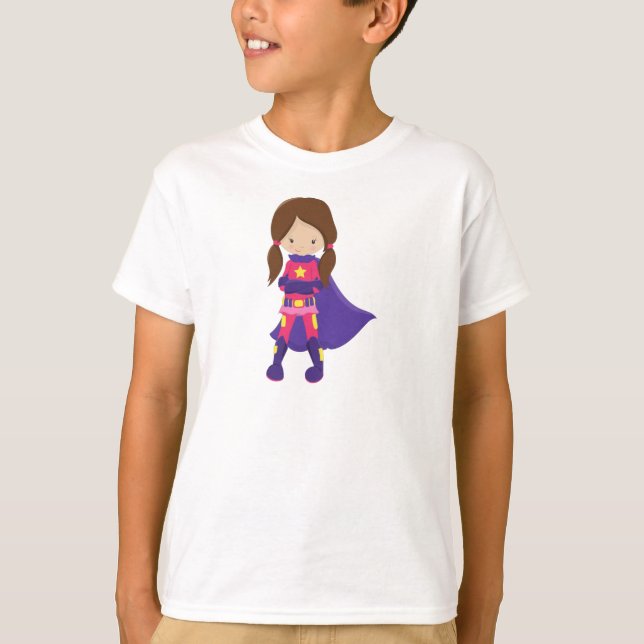 Superheld Girl, Braunhaar, Niedliches Mädchen, Lil T-Shirt (Vorderseite)