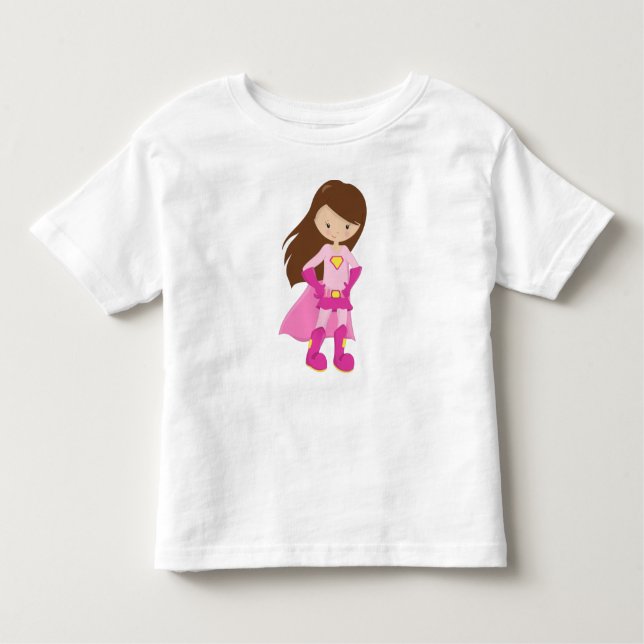 Superheld Girl, Braunhaar, Niedliches Mädchen, ros Kleinkind T-shirt (Vorderseite)