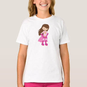 Superheld Girl, Braunhaar, Niedliches Mädchen, ros T-Shirt