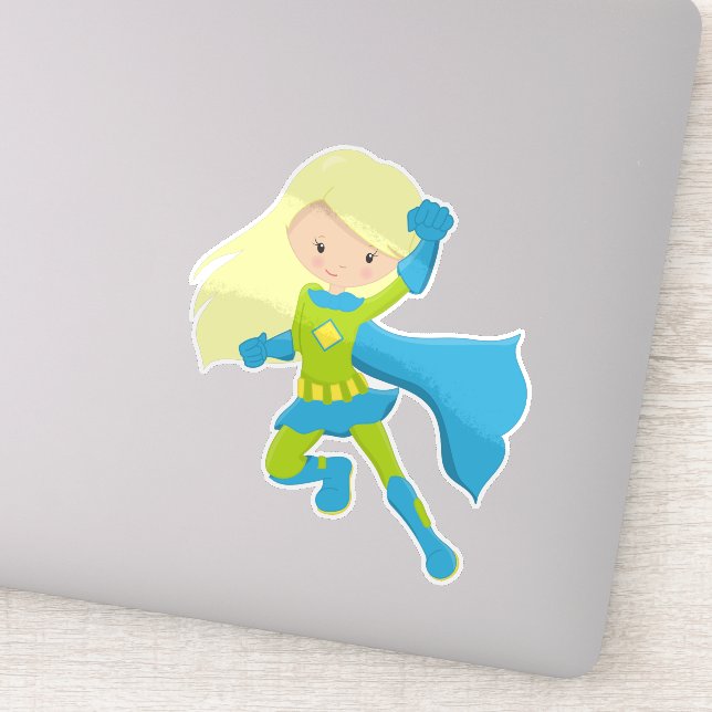 Superheld Girl, Niedlich Girl, Blonde Hair, Blue C Aufkleber (Detail)