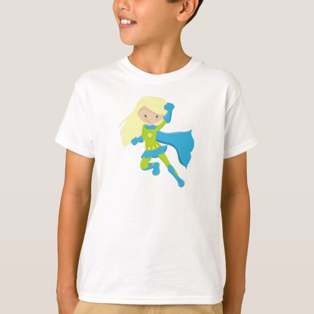 Superheld Girl, Niedlich Girl, Blonde Hair, Blue C T-Shirt (Vorderseite)