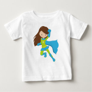 Superheld Girl, Niedlich Girl, Braunhaar, Blue Cap Baby T-shirt