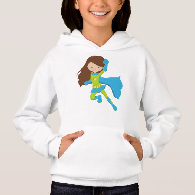 Superheld Girl, Niedlich Girl, Braunhaar, Blue Cap Hoodie (Vorderseite)