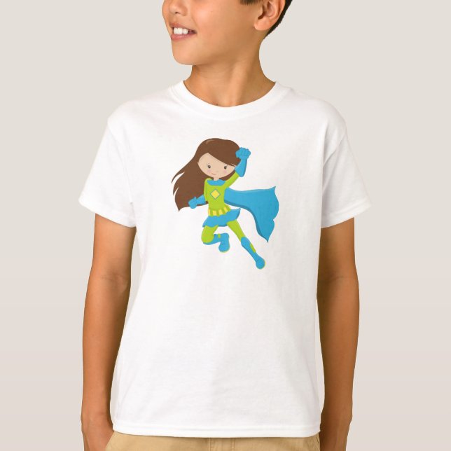 Superheld Girl, Niedlich Girl, Braunhaar, Blue Cap T-Shirt (Vorderseite)