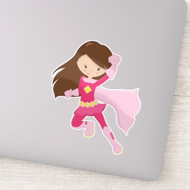 Superheld Girl, Niedlich Girl, Braunhaar, rosa Cap Aufkleber (Detail)