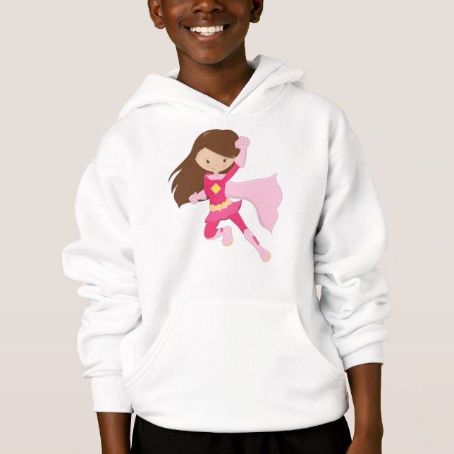 Superheld Girl, Niedlich Girl, Braunhaar, rosa Cap Hoodie (Vorderseite)