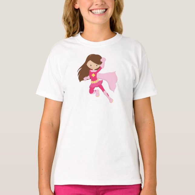 Superheld Girl, Niedlich Girl, Braunhaar, rosa Cap T-Shirt (Vorderseite)