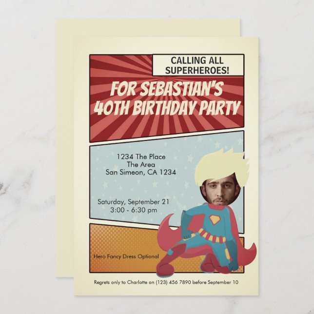 Superheld Old Comic Geburtstagsparty (blond) Einladung (Vorne/Hinten)