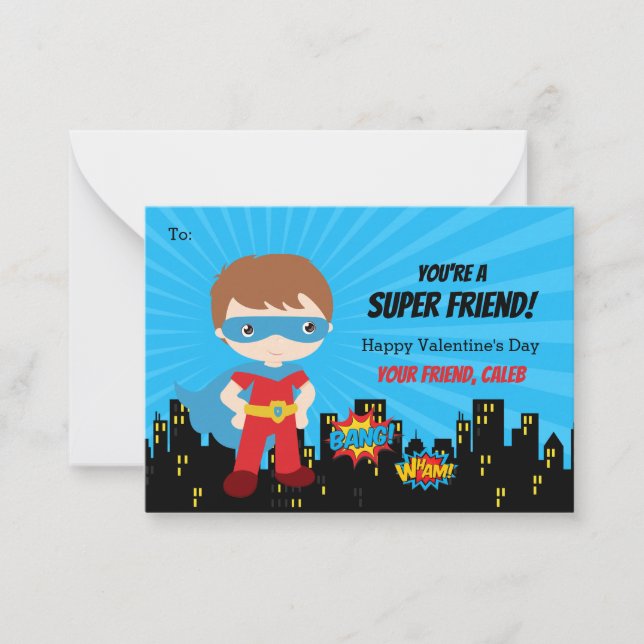 Superheld Valentine Cards - Boys Comic School Mitteilungskarte (Vorderseite)