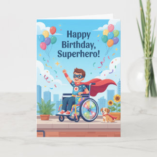 Superhelden-Junge im Rollstuhl Geburtstag Karte