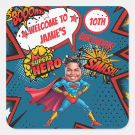 Superhelden Karikatur Action-Packed Boys Geburtsta Quadratischer Aufkleber