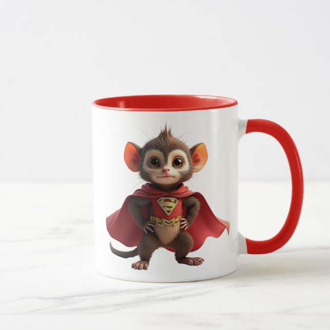 Superheldenmaus mit rotem Umhang und Anzug. Tasse (Rechts)