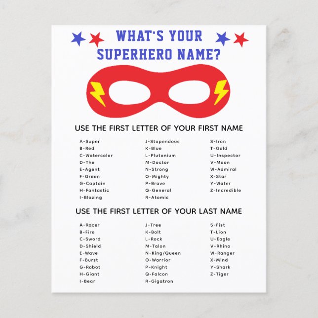 Superheldenname Generator Game (Vorderseite)
