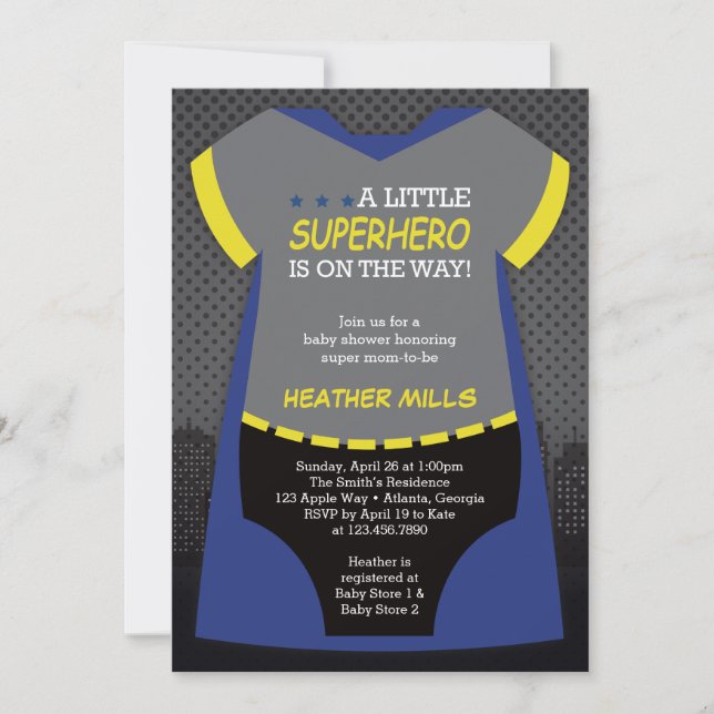 Superhero Baby Dusche Einladung, blau, schwarz Inv Einladung (Vorderseite)