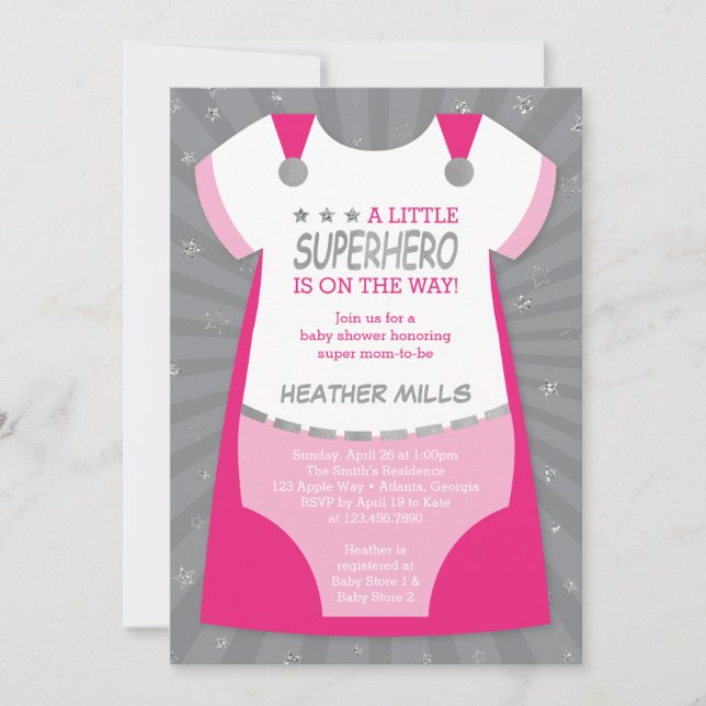Superhero Baby Dusche Einladung, Rosa, Silver Inv. Einladung (Vorderseite)