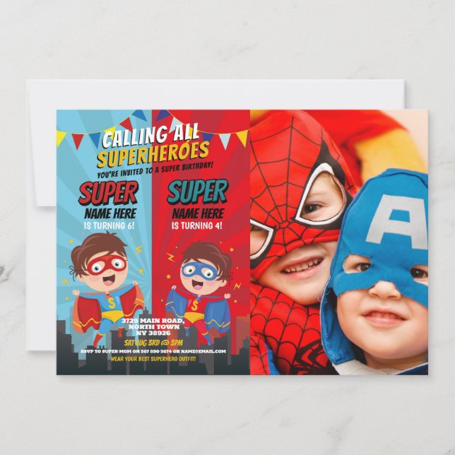 Superhero Birthday Brothers Blue Red Foto Boy Einladung (Vorderseite)