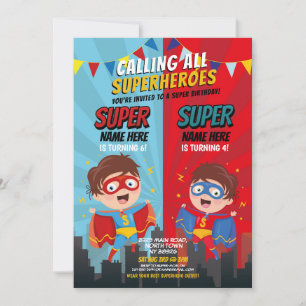 Superhero Birthday Brothers Blue Red Joint Boy Einladung