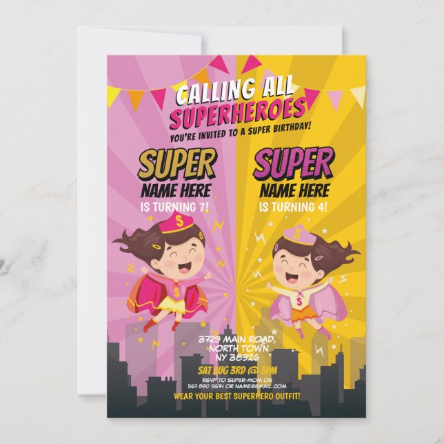Superhero Birthday Sister Pink Gelbe Gelbe Gelbe P Einladung (Vorderseite)