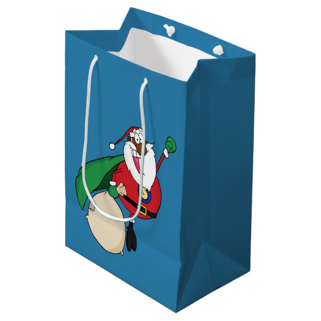 Superhero Black Santa Gift Bag Mittlere Geschenktüte (Vorderseite Schrägansicht)