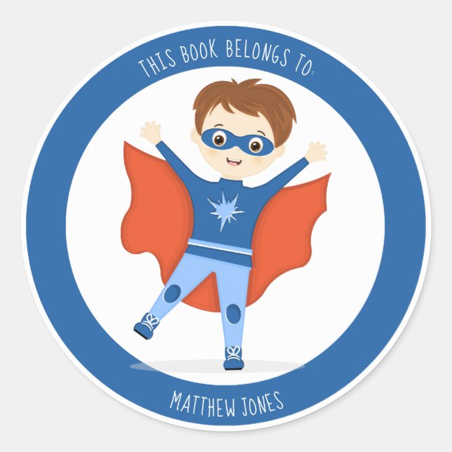Superhero Boy Dieses Buch gehört Runder Aufkleber (Vorderseite)