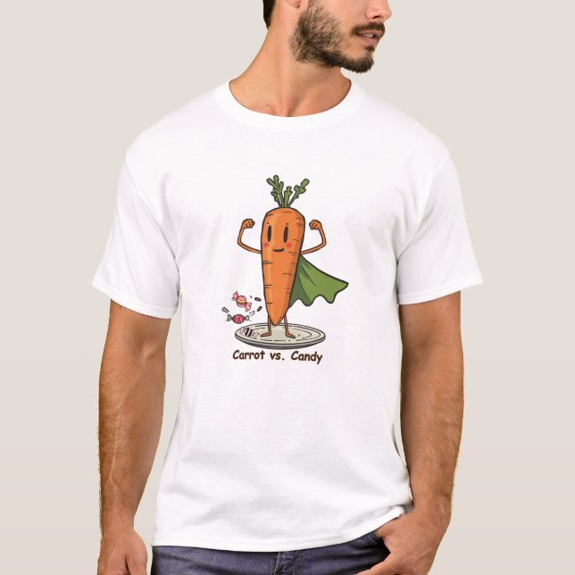 Superhero Carrot Vs Candy Fun T-Shirt (Vorderseite)