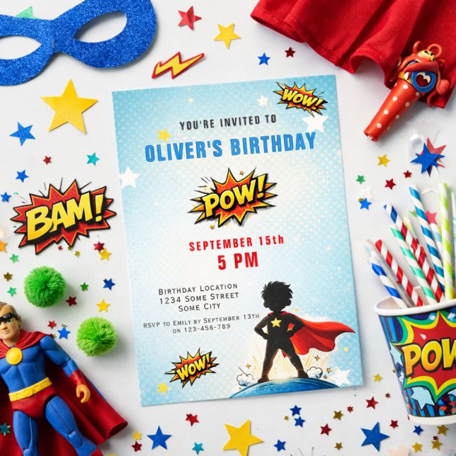 Superhero Cartoon Boy Birthday Party Einladung (Von Creator hochgeladen)