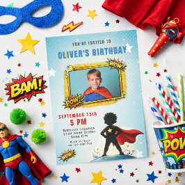 Superhero Cartoon Boy Photo Birthday Party Einladung