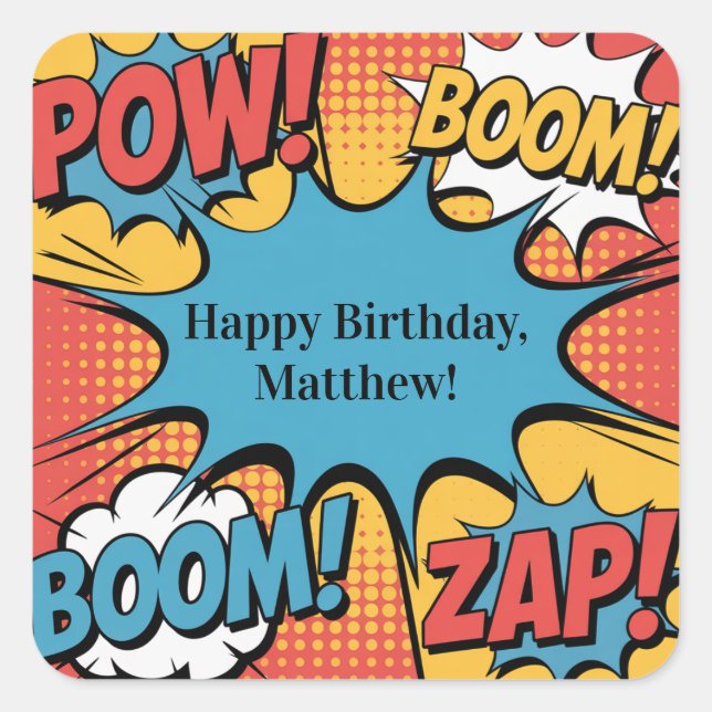 Superhero Comic Book Pop Art Boy Birthday Party Quadratischer Aufkleber (Vorderseite)