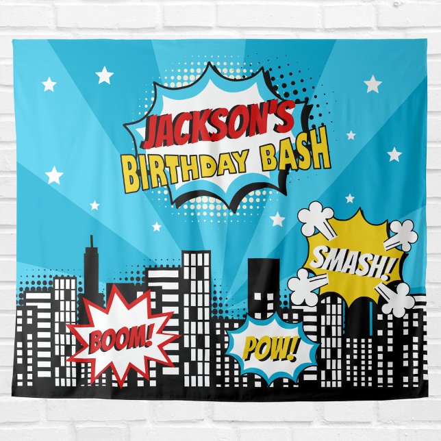 Superhero Comic Book Style Boy Birthday Blue Wandteppich (Von Creator hochgeladen)
