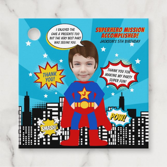Superhero Comic Book Style Boy Birthday Foto Geschenkanhänger (Vorderseite)