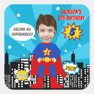 Superhero Comic Book Style Boy Birthday Foto Quadratischer Aufkleber