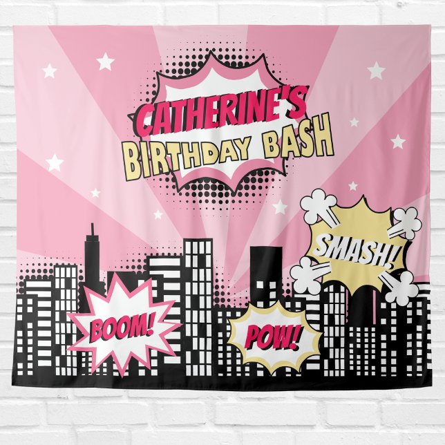 Superhero Comic Book Style Girl Birthday Pink Wandteppich (Von Creator hochgeladen)