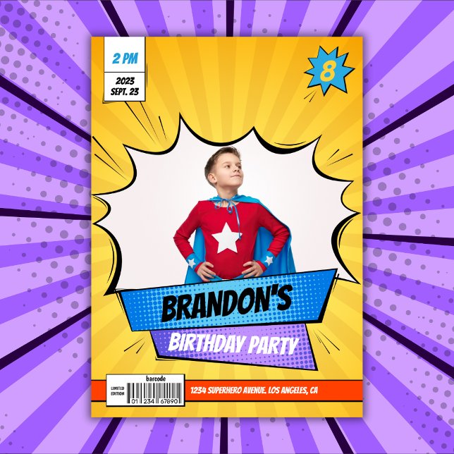 Superhero Comic Foto Yellow Boy Geburtstag Einladung (Superhero Comic Photo Yellow Boy Birthday Invitation Template)