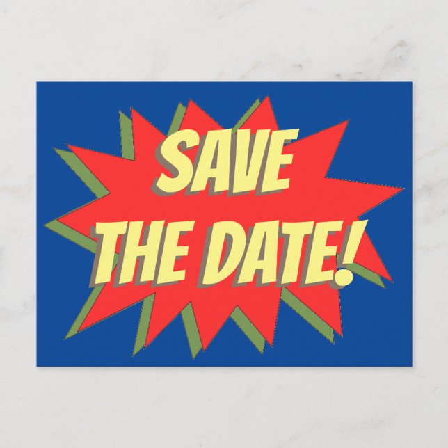 Superhero-Comic Save the Date Ankündigungspostkarte (Vorderseite)