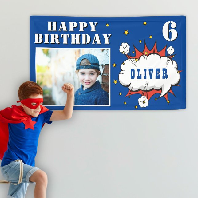 Superhero Comic Speech Bubble Boy Birthday Foto Banner (Von Creator hochgeladen)