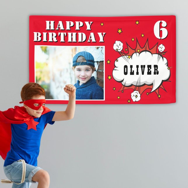 Superhero Comic Speech Bubble Boy Birthday Foto Banner (Von Creator hochgeladen)