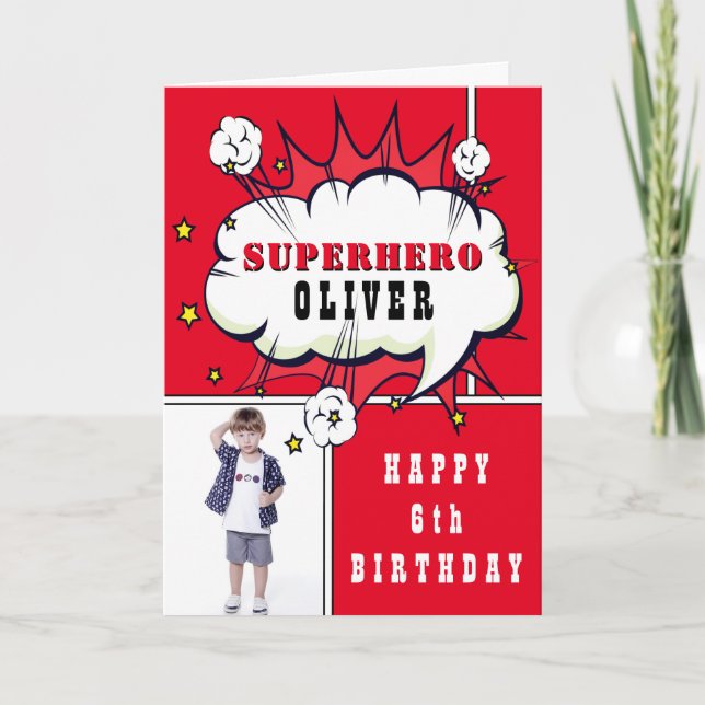 Superhero Comic Speech Bubble Boy Birthday Foto Karte (Vorderseite)