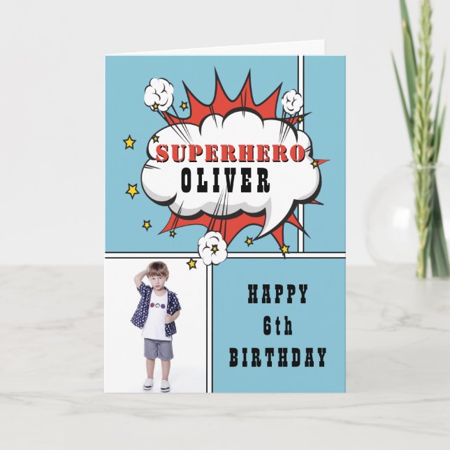Superhero Comic Speech Bubble Boy Birthday Foto Karte (Vorderseite)