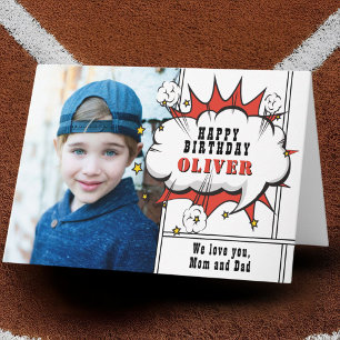 Superhero Comic Speech Bubble Boy Foto Geburtstag Karte