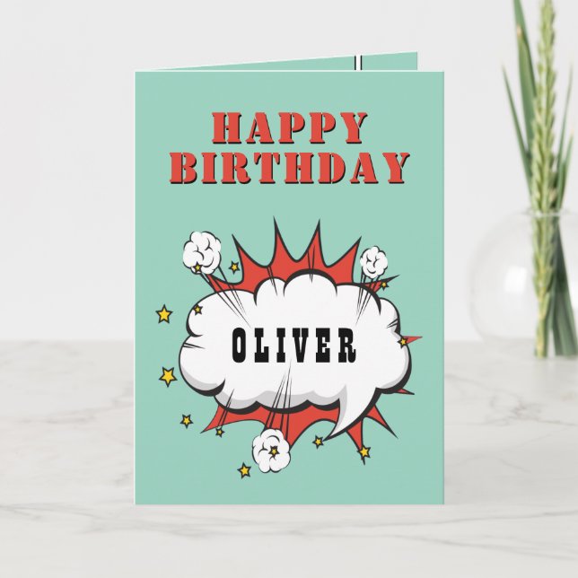 Superhero Comic Speech Bubble Boy Happy Birthday Karte (Vorderseite)