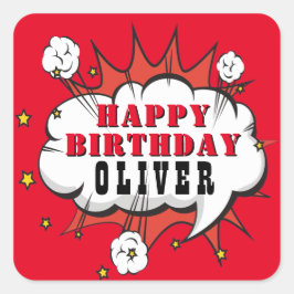 Superhero Comic Speech Bubble Boy Happy Birthday Quadratischer Aufkleber